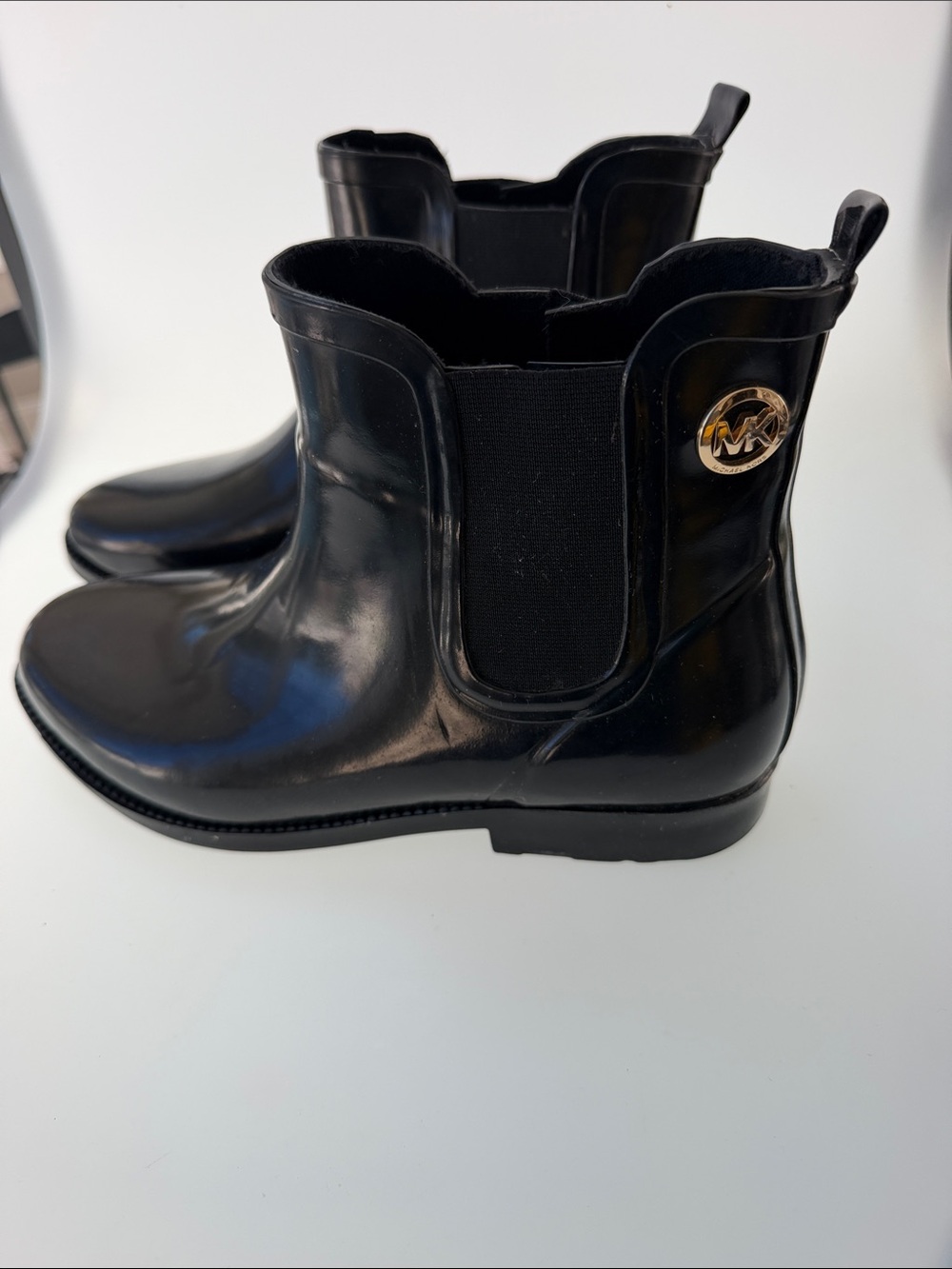 Michael Kors Black Chelsea style Glossy Rain Booties with Gold MK Accent size 7